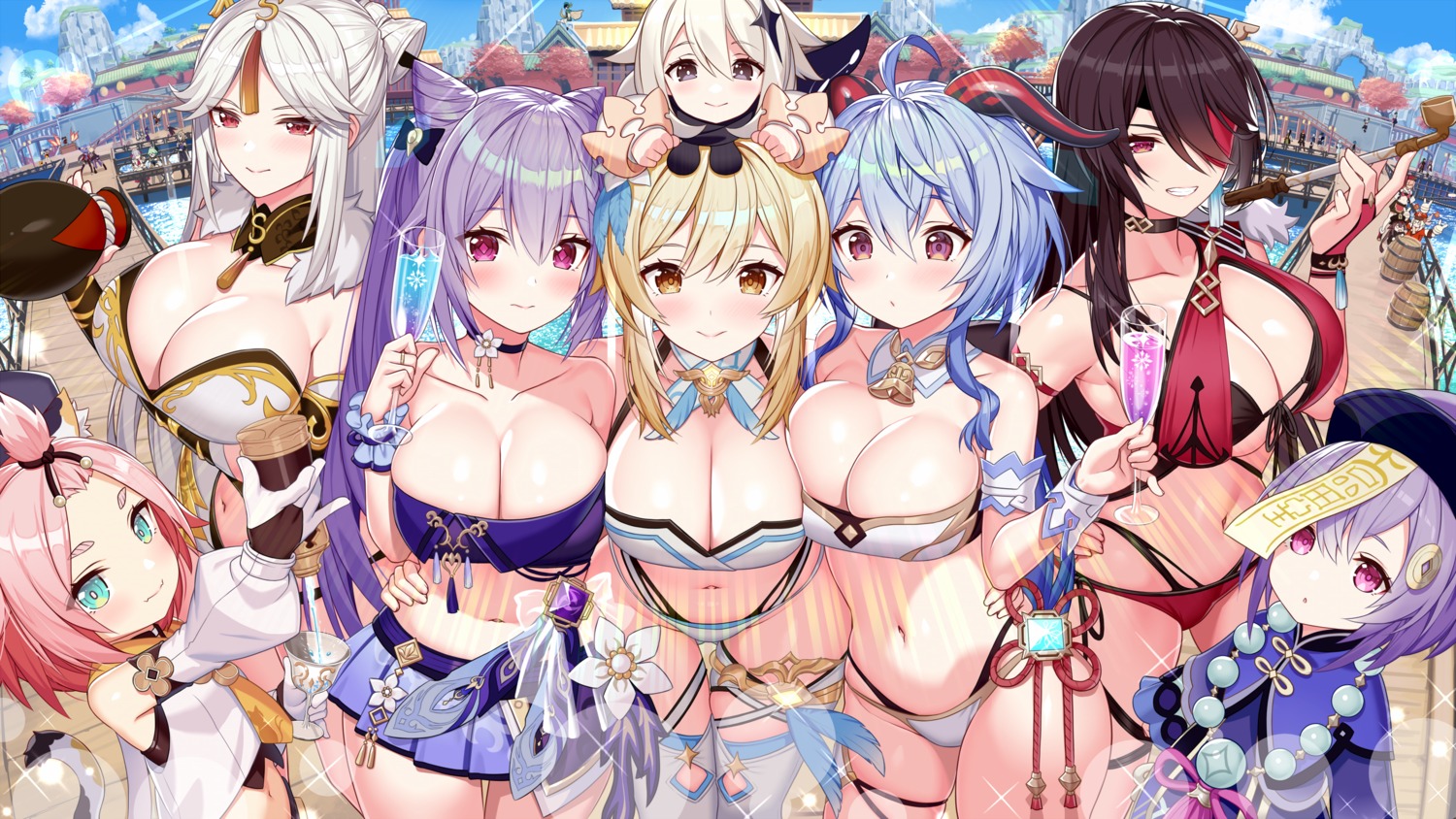 akusema animal_ears beidou bikini cleavage diona eyepatch fischl ganyu garter genshin_impact horns hu_tao keqing klee lumine mona_megistus nekomimi ningguang noelle_(genshin_impact) paimon qiqi sucrose swimsuits thighhighs yanfei