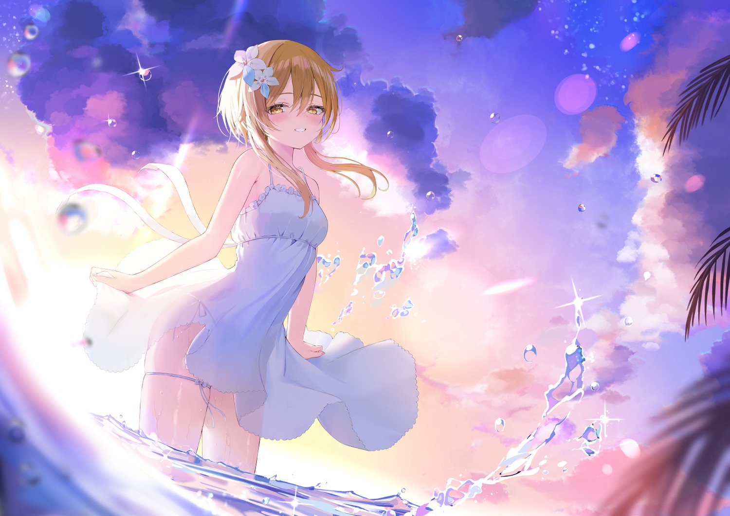 akie_aki dress garter genshin_impact lumine pantsu see_through skirt_lift string_panties summer_dress wet