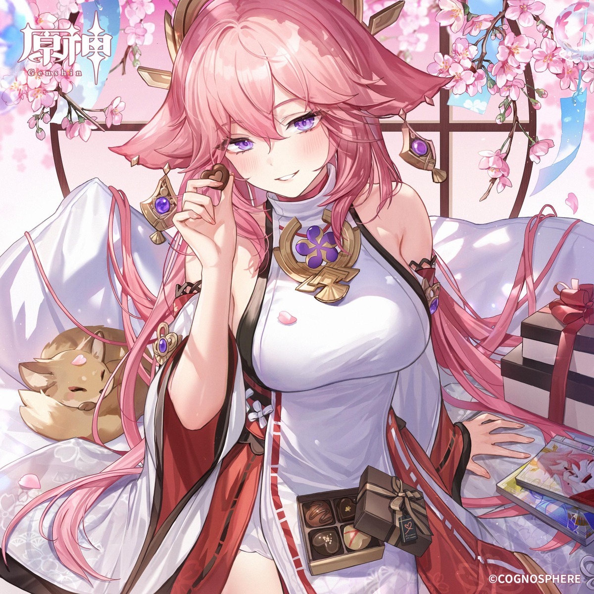 animal_ears genshin_impact japanese_clothes kitsune no_bra valentine whoisshe yae_miko