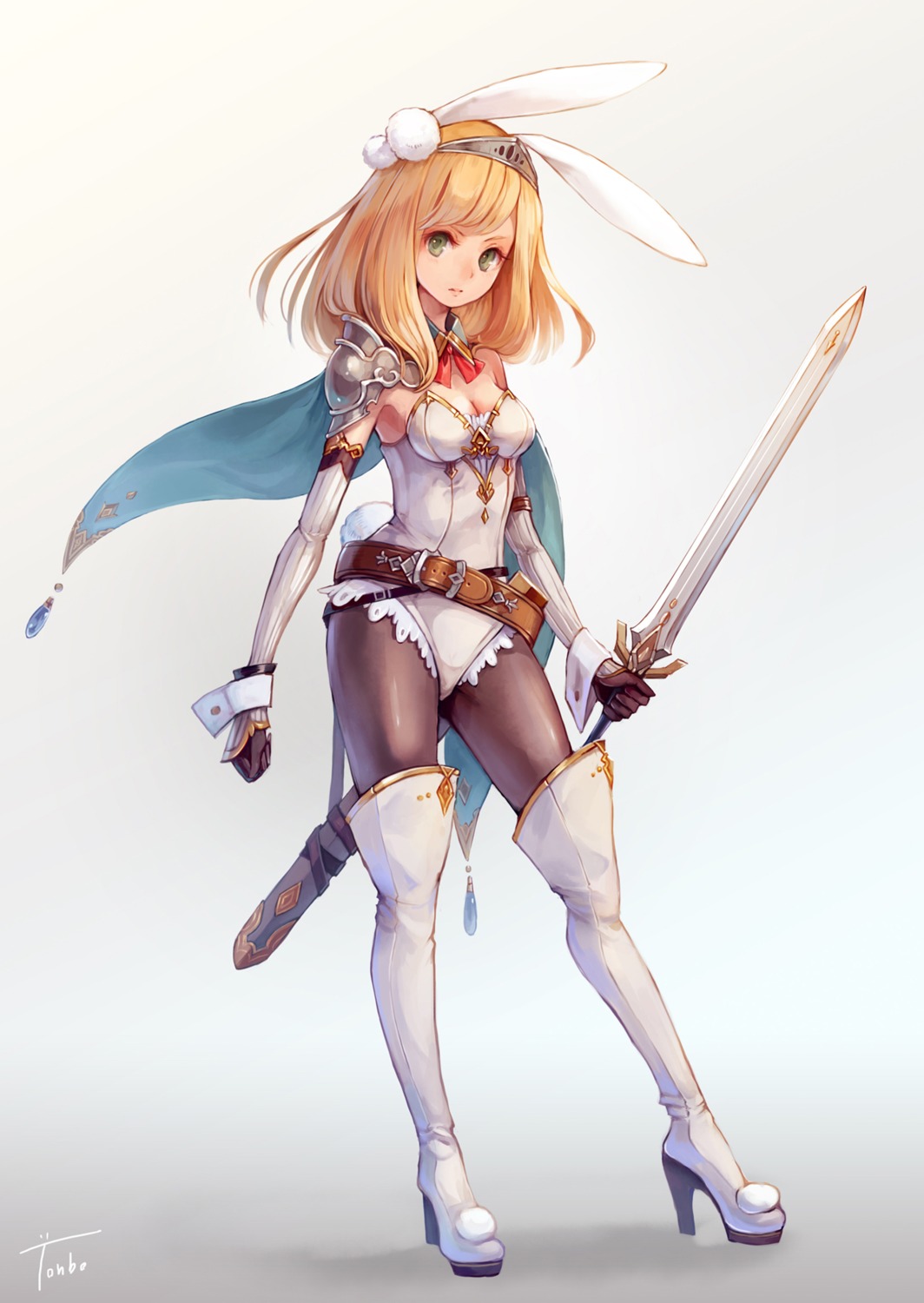 aka_tonbo_(lovetow) animal_ears armor bunny_ears cleavage heels leotard pantyhose sword tail