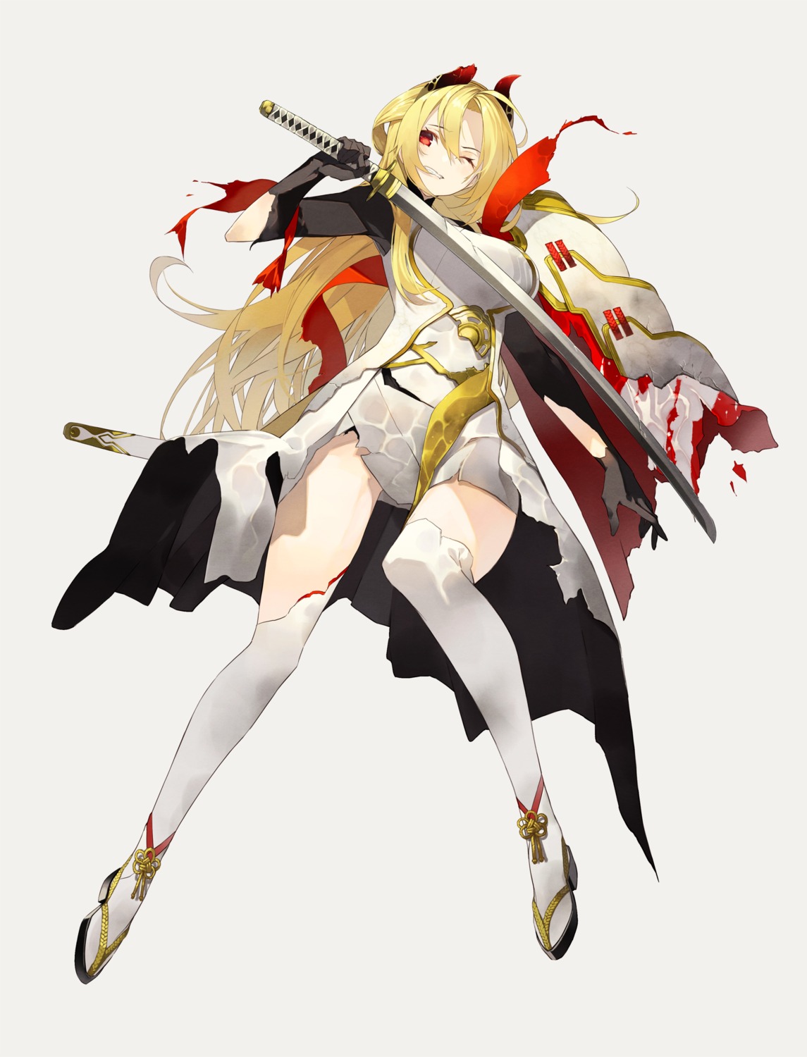 armor horns japanese_clothes senmu_(senmudayo) sword tenka_hyakken thighhighs torn_clothes