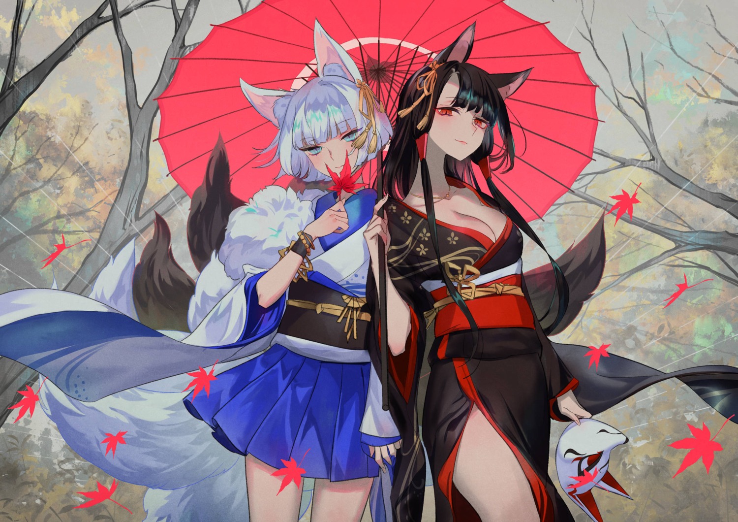 akagi_(azur_lane) animal_ears azur_lane cleavage japanese_clothes kaga_(azur_lane) kitsune no_bra ojyou open_shirt tail umbrella