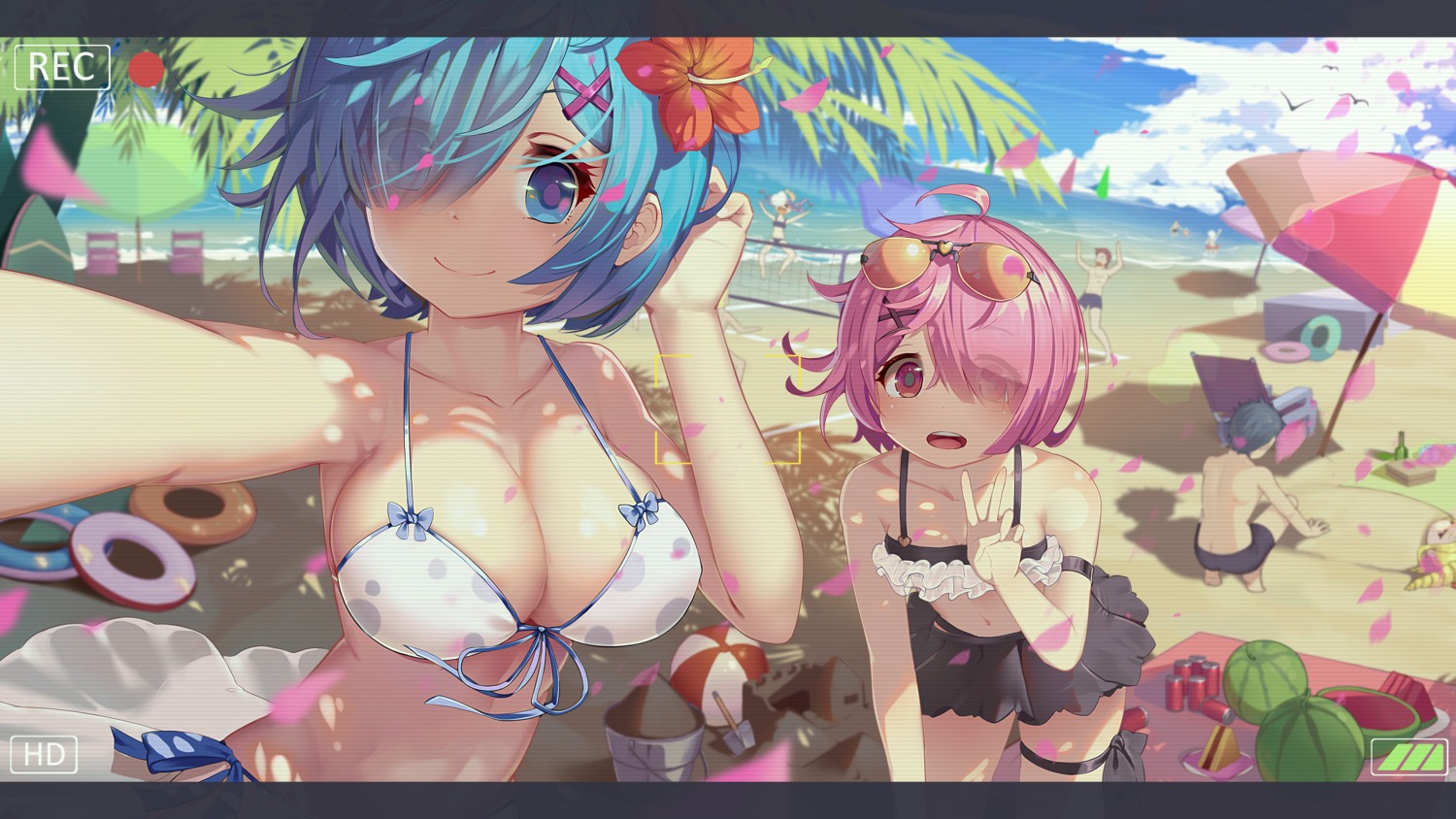 bikini cleavage garter megane ram_(re_zero) re_zero_kara_hajimeru_isekai_seikatsu rem_(re_zero) swimsuits tifaices