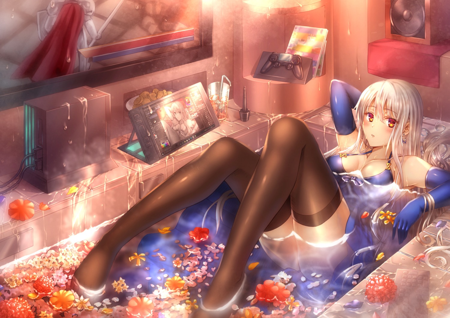 bathing dress feet no_bra skirt_lift thighhighs wet zhou_yu_(van)