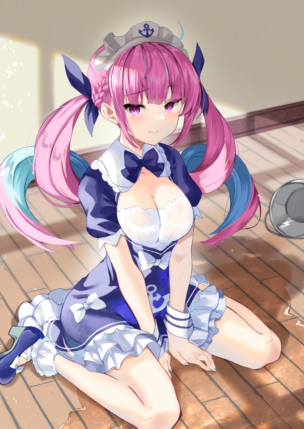 heels hololive maid meteor_(yamashou) minato_aqua no_bra see_through wet_clothes