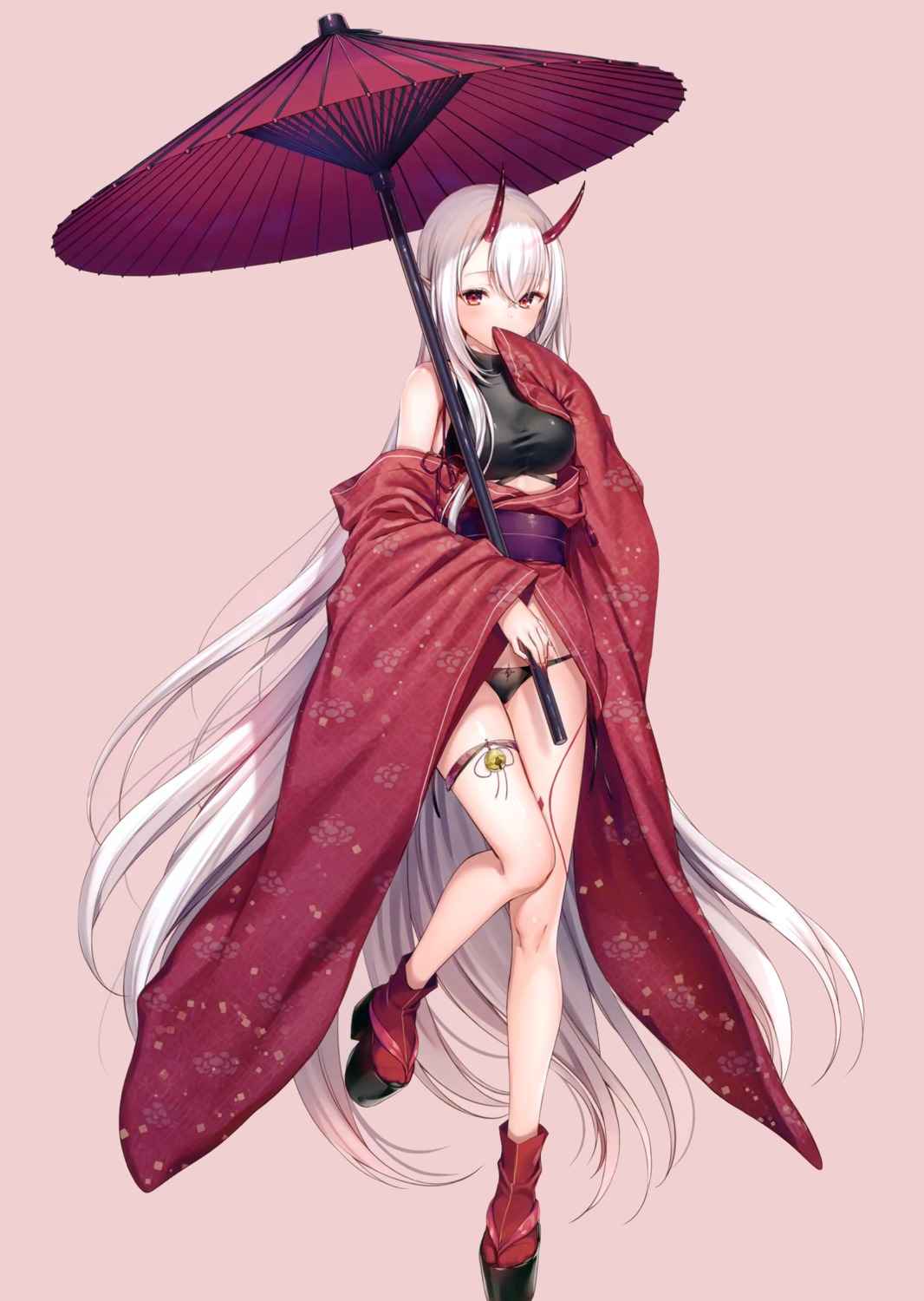 garter heels horns japanese_clothes komeshiro_kasu pantsu pointy_ears umbrella yobi_gakka