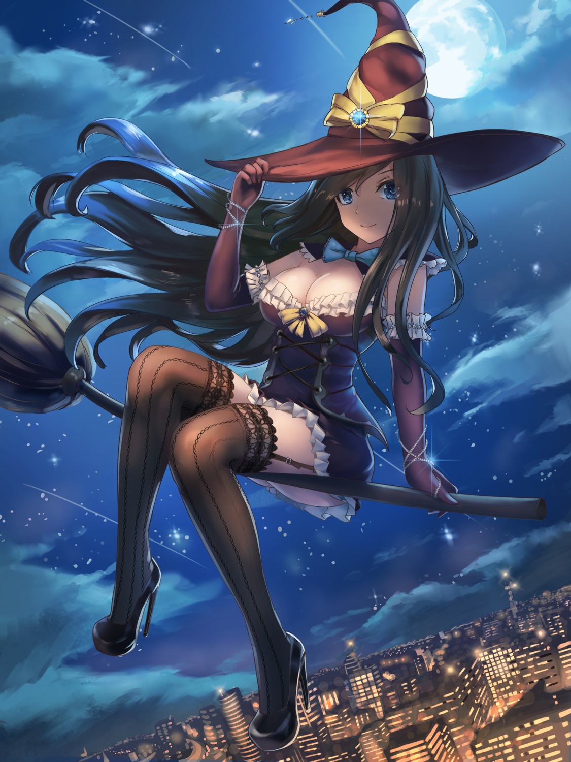 cleavage dress halloween heels okuto_(zwindhwingf) stockings thighhighs witch