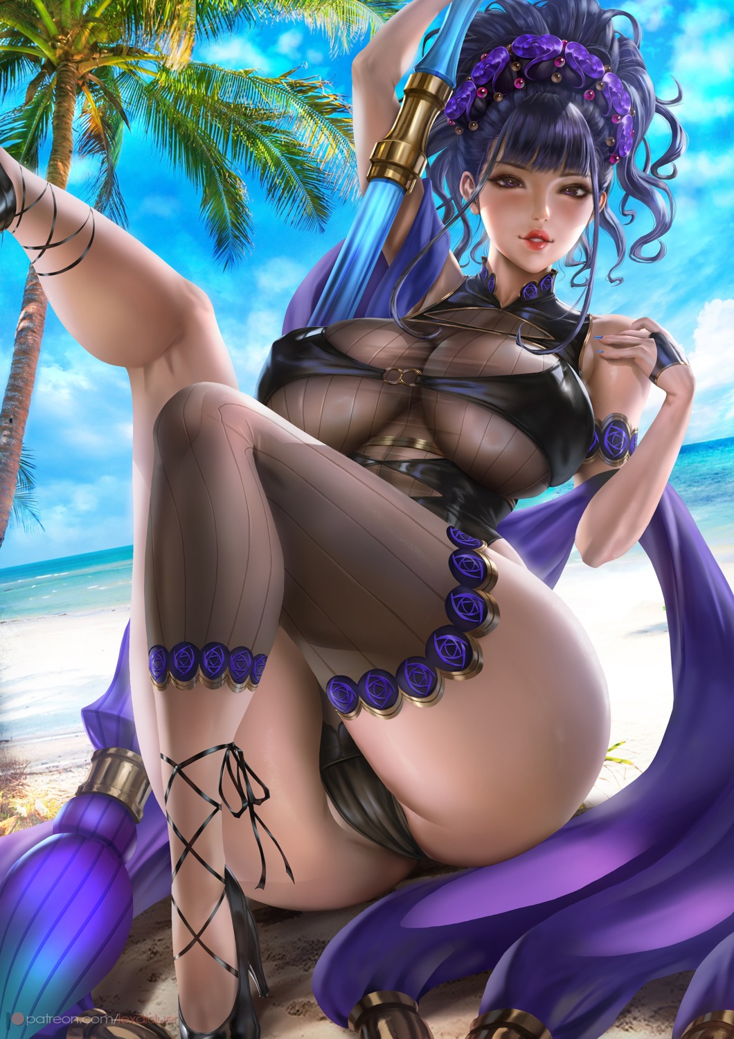 cameltoe erect_nipples fate/grand_order heels lexaiduer murasaki_shikibu_(fate) see_through swimsuits