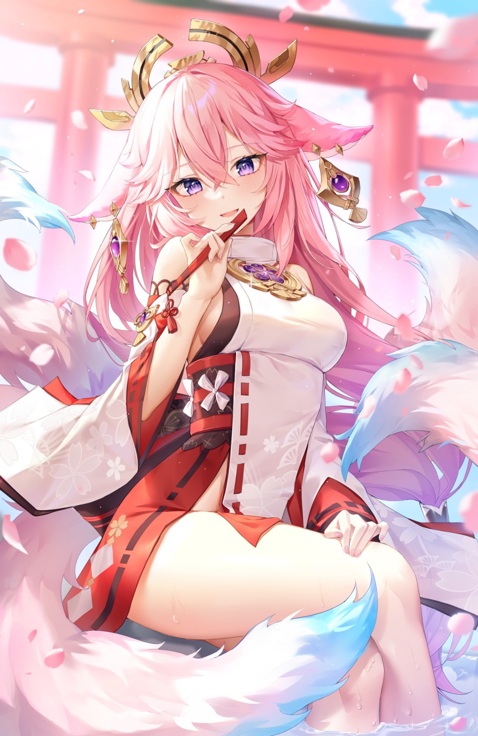 acco_(sh_in) animal_ears genshin_impact japanese_clothes kitsune no_bra tail wet yae_miko