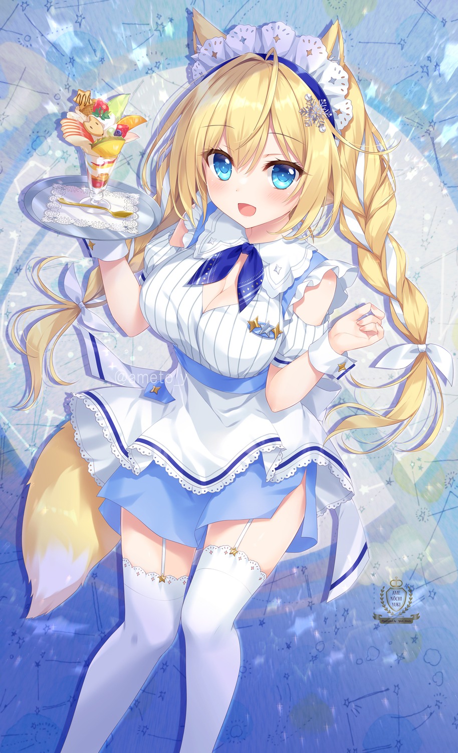 ameto_yuki animal_ears cleavage kitsune maid spica_(ameto_yuki) stockings tail thighhighs waitress