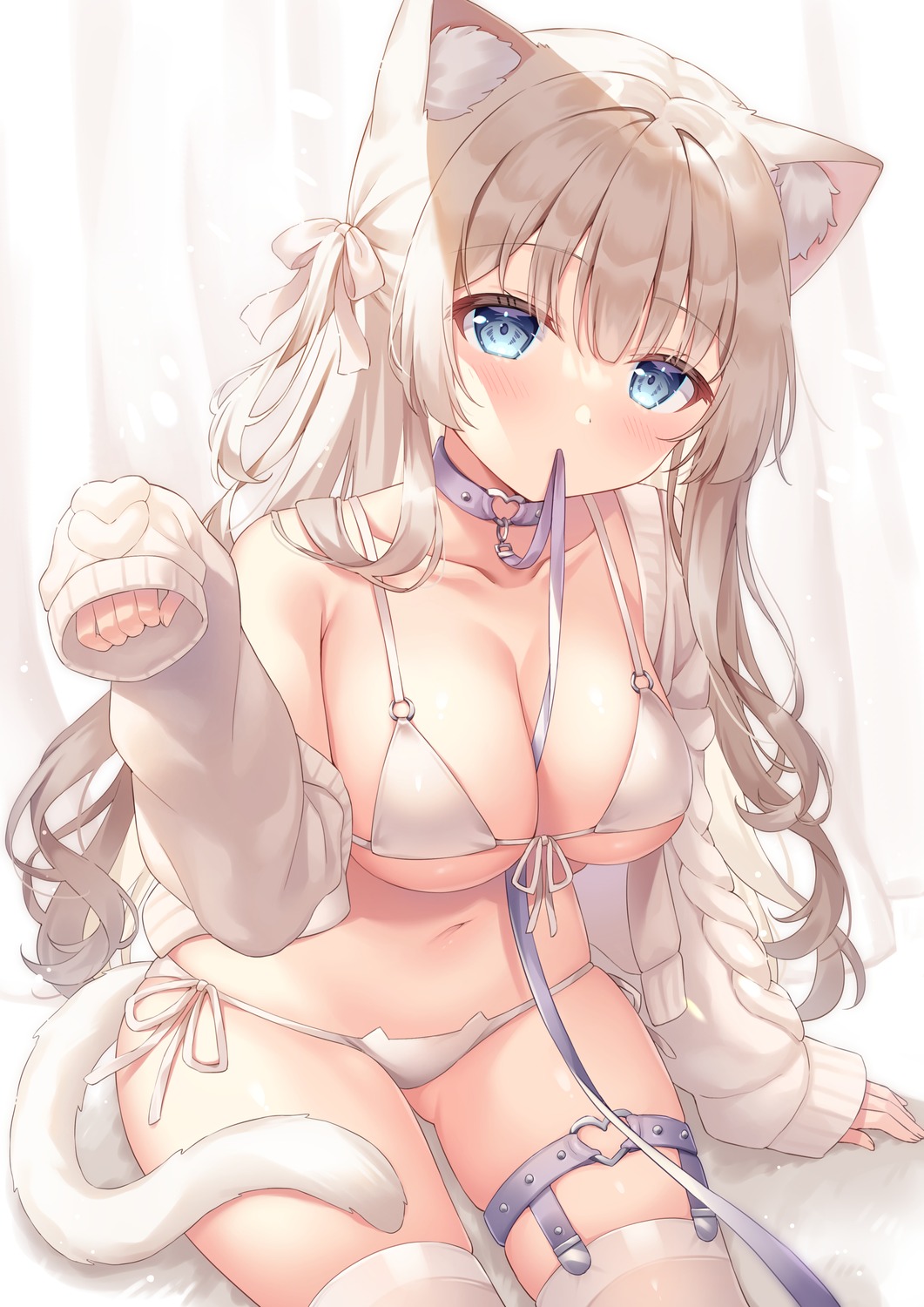 animal_ears bikini garter nekomimi open_shirt siooooono stockings sweater swimsuits tail thighhighs wardrobe_malfunction