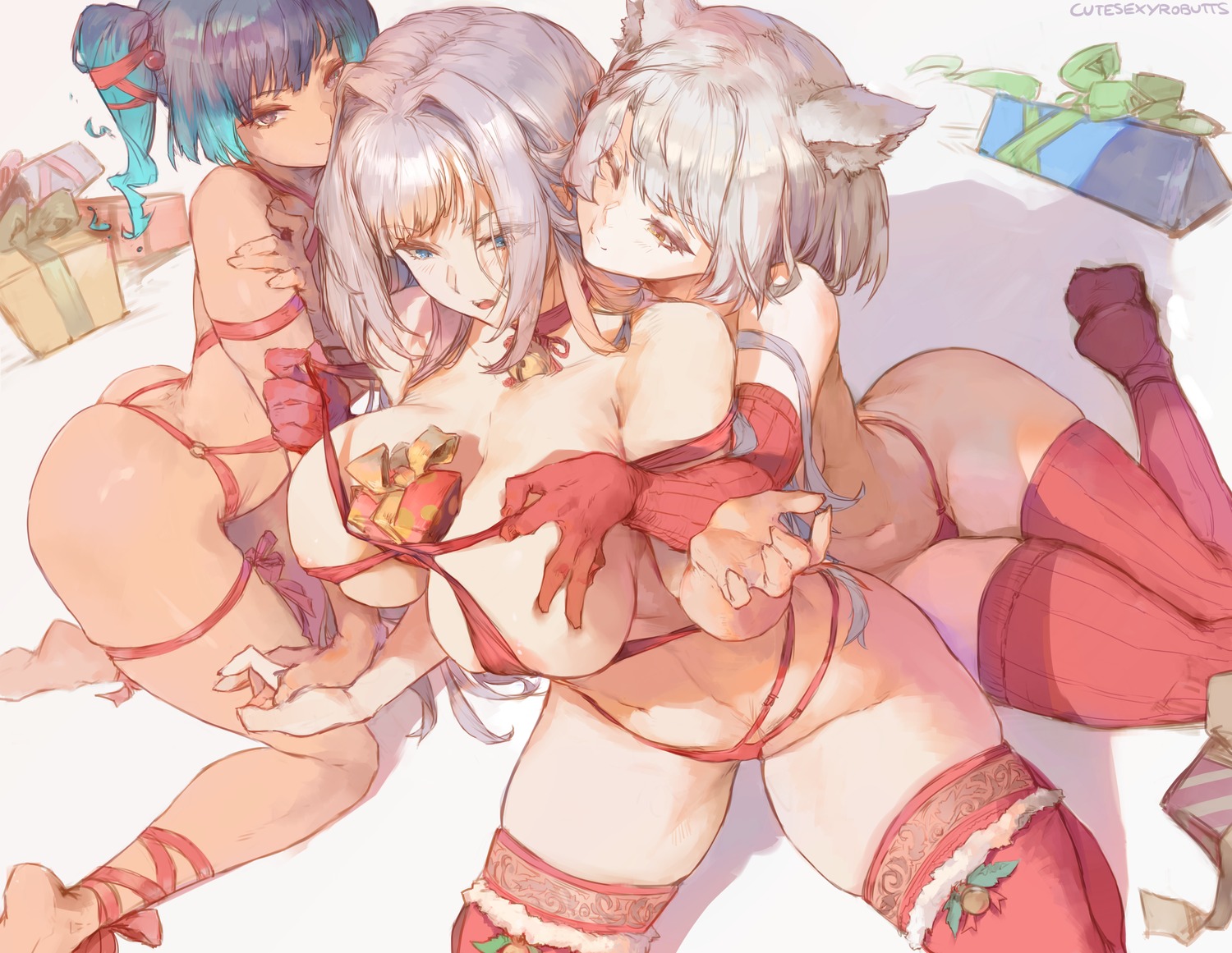 animal_ears areola christmas cutesexyrobutts ethel garter mio_(xenoblade_3) naked_ribbon pantsu sena_(xenoblade_3) thighhighs thong xenoblade_(series) xenoblade_3 yuri