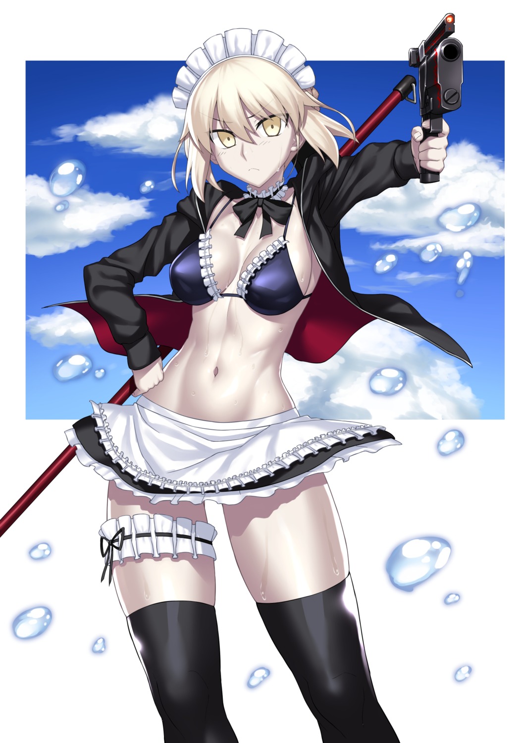 bikini_top bnc_(bunshi) cleavage fate/grand_order garter gun maid open_shirt saber saber_alter swimsuits thighhighs