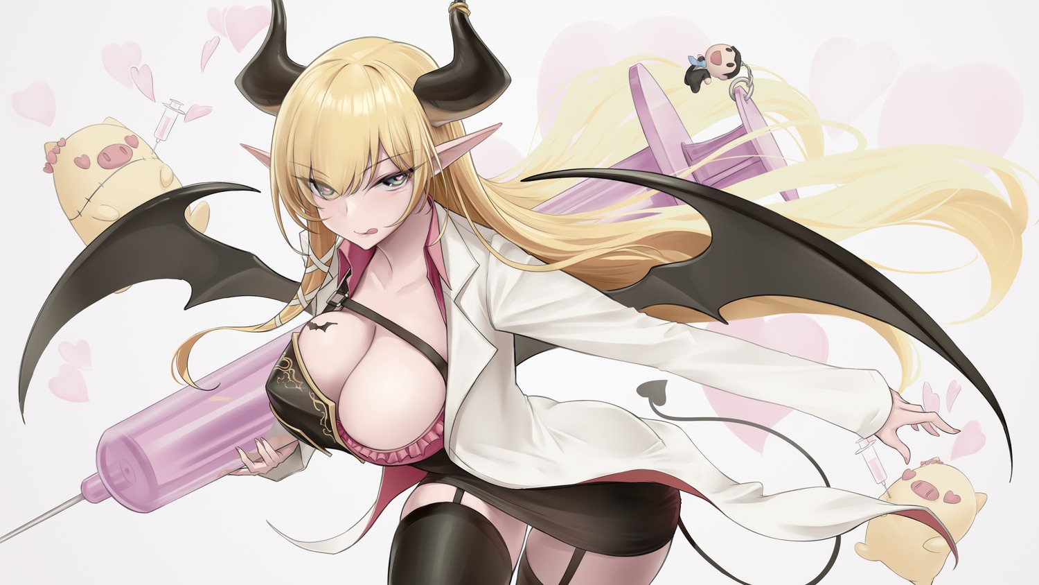 hololive horns no_bra pointy_ears somebody_(leiking00) stockings tail tattoo thighhighs wallpaper wings yuzuki_choco