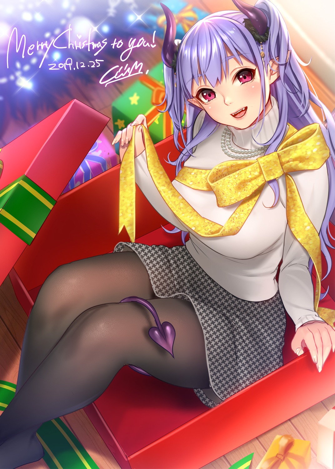 christmas horns masami_chie pantyhose pointy_ears sweater tail