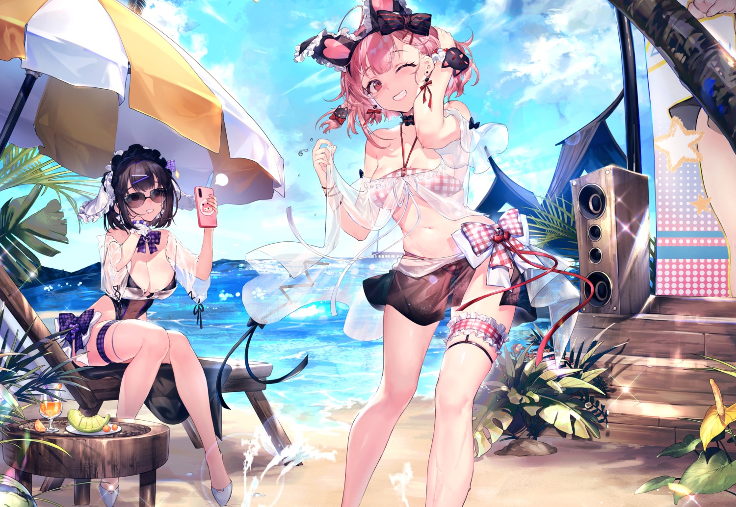 animal_ears bikini bunny_ears bunny_girl garter megane no_bra see_through swimsuits wet xiangchi_zhubijin