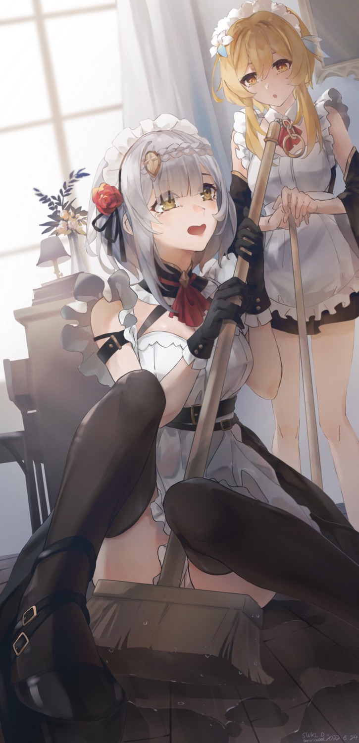 cleavage genshin_impact lumine maid noelle_(genshin_impact) see_through swkl:d thighhighs wet wet_clothes