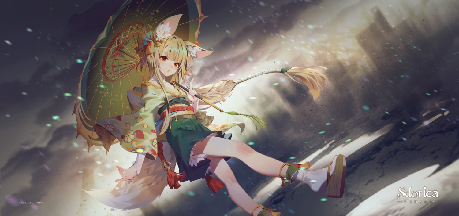 animal_ears izumi_(sdorica) japanese_clothes jofang sdorica_-sunset- tail umbrella