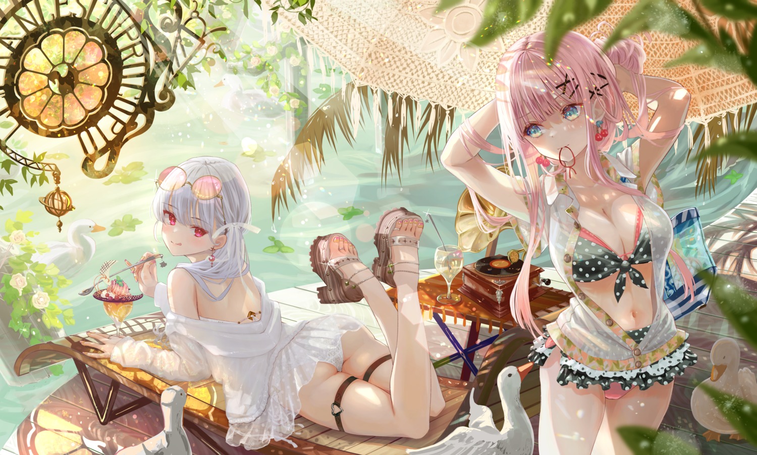 ass bikini garter heels ito_lab megane open_shirt see_through skirt_lift swimsuits