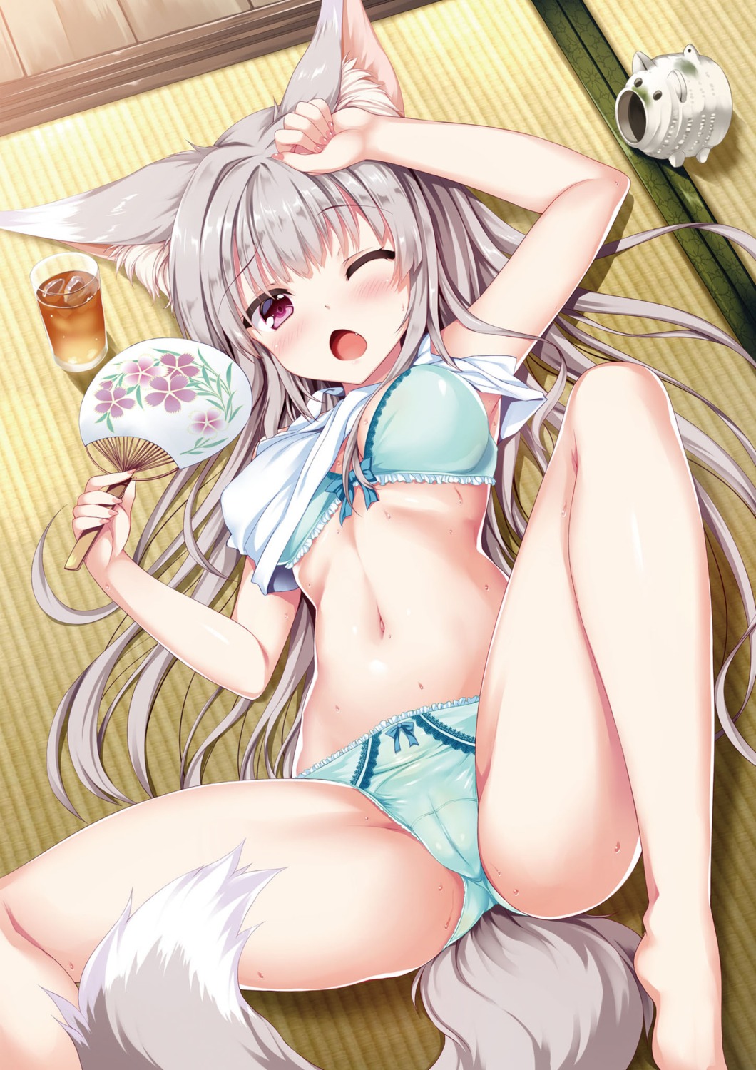 animal_ears bra cameltoe kitsune pantsu shirt_lift tail tateha