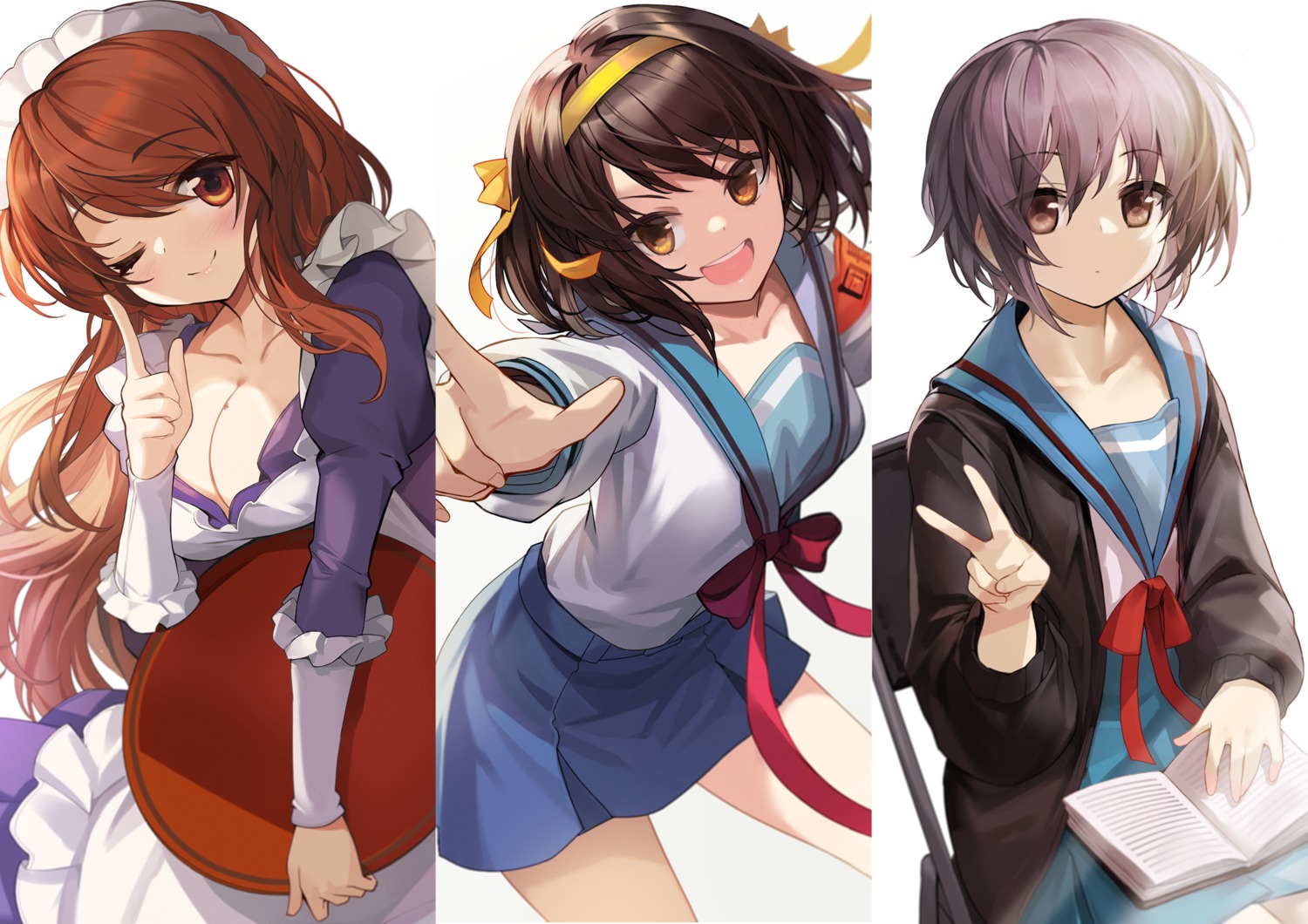 asahina_mikuru cleavage goomrrat maid nagato_yuki no_bra open_shirt seifuku suzumiya_haruhi suzumiya_haruhi_no_yuuutsu