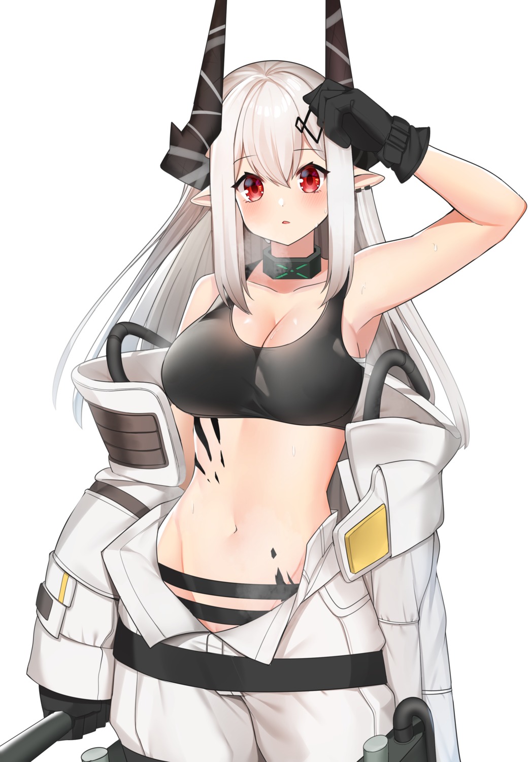 arknights bodysuit bra horns mudrock_(arknights) neko_lu_(wofud453) nopan open_shirt pointy_ears