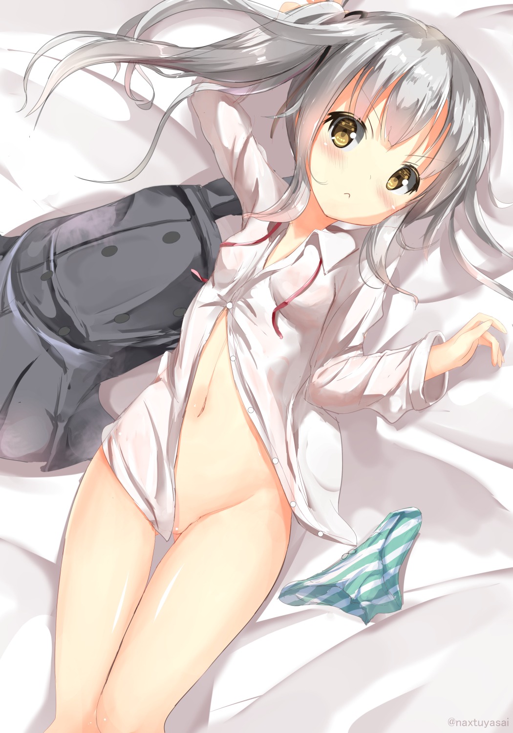 bottomless kantai_collection kasumi_(kancolle) loli no_bra open_shirt see_through seifuku yonjyuugo