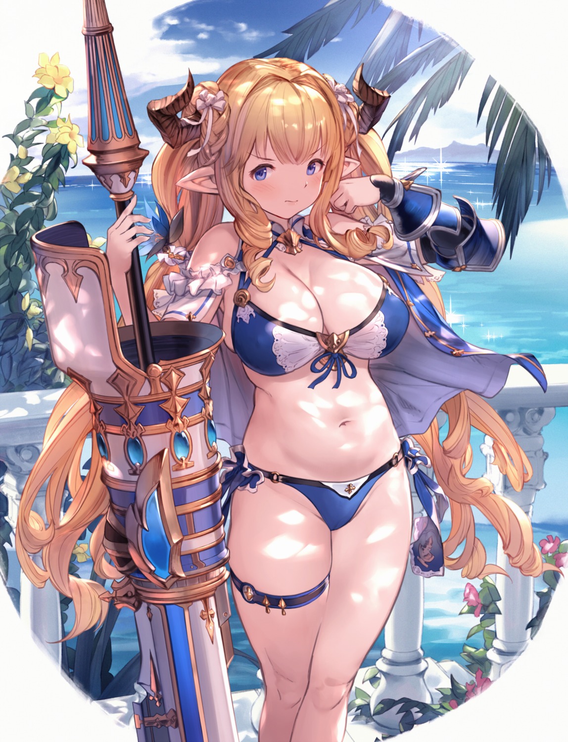 armor bikini garter granblue_fantasy horns pointy_ears rastina swimsuits u_suke weapon