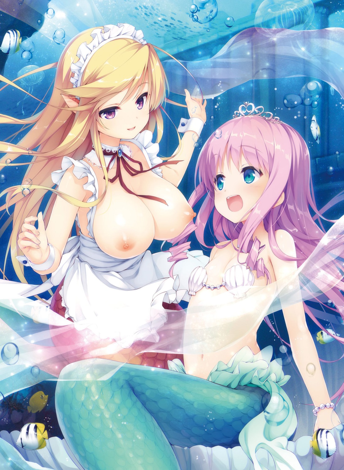 animal_ears breasts cleavage digital_version maid mermaid monster_girl naked_apron nipples pasties senji tail