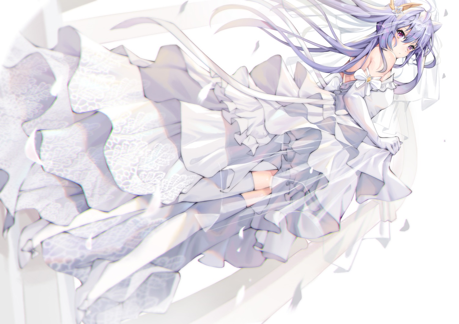 cgd-orange dress genshin_impact heels keqing no_bra skirt_lift thighhighs wedding_dress