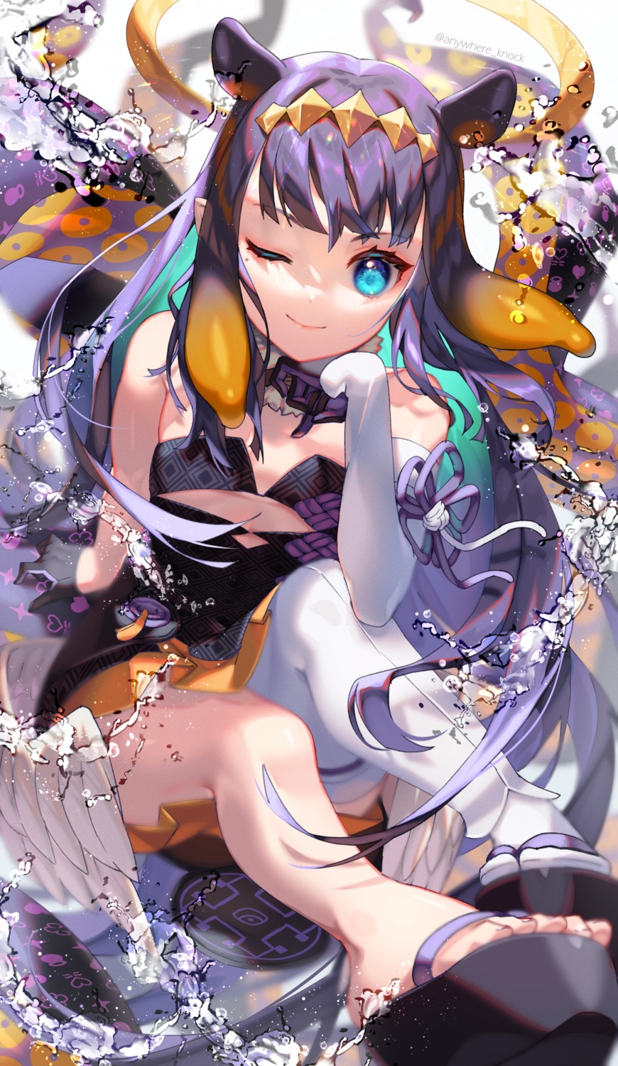 angel anywhere_knock dress garter hololive hololive_english japanese_clothes ninomae_ina'nis no_bra pointy_ears skirt_lift tentacles thighhighs wings