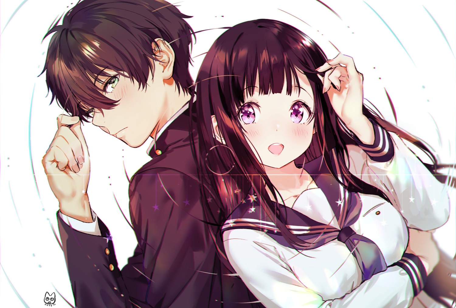 breast_hold chitanda_eru hyouka mery_(yangmalgage) oreki_houtarou seifuku