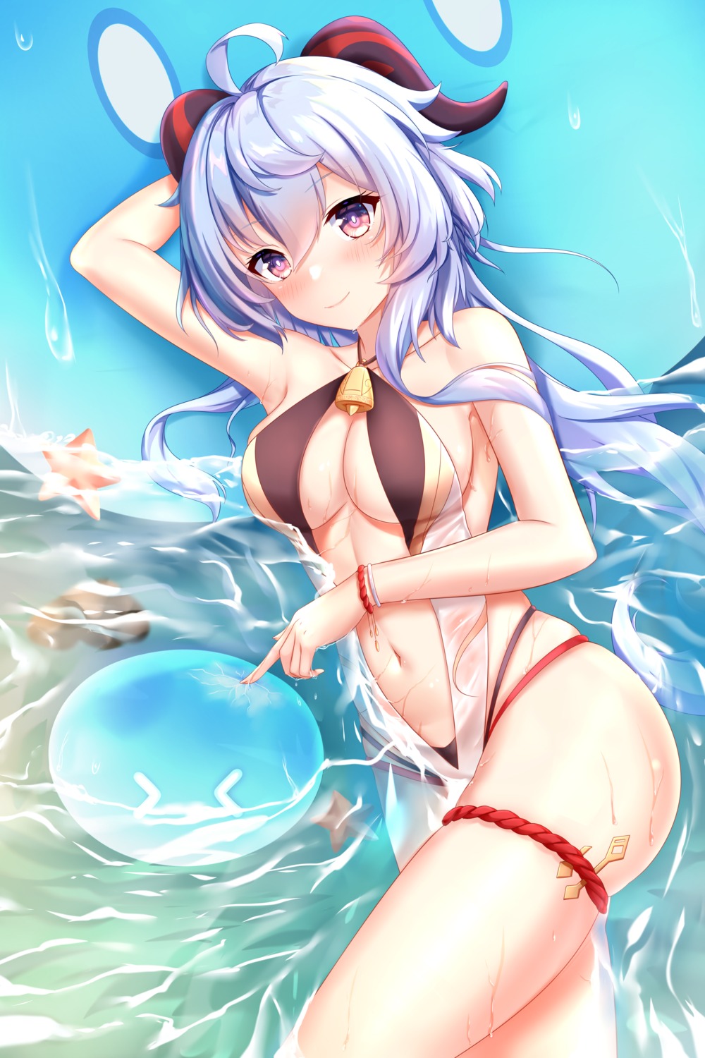 chao_wu_xing_xian ganyu garter genshin_impact horns see_through swimsuits wet wet_clothes