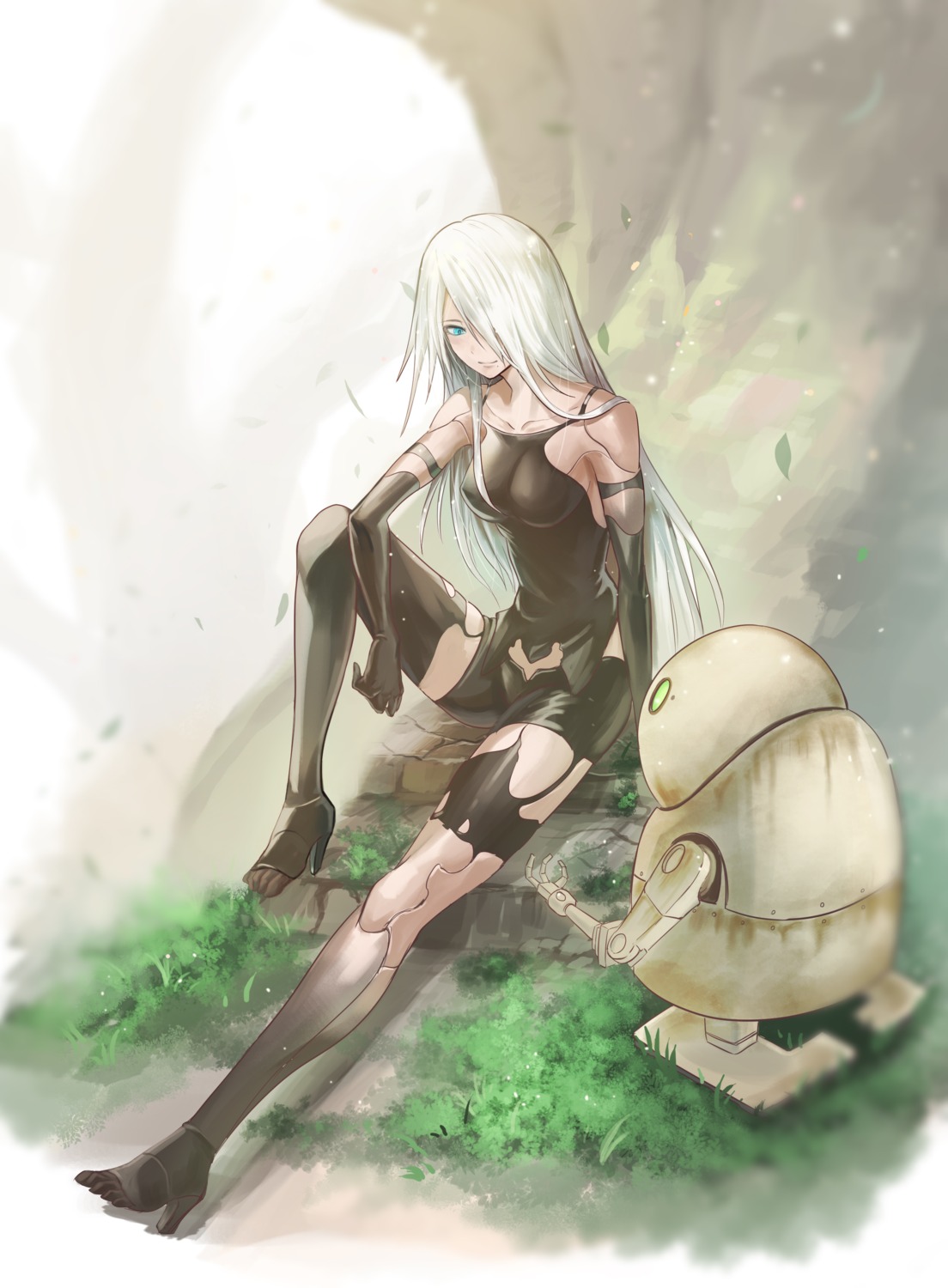 heels leotard mecha mecha_musume nier nier_automata san_(artist) thighhighs torn_clothes yorha_type_a_no.2