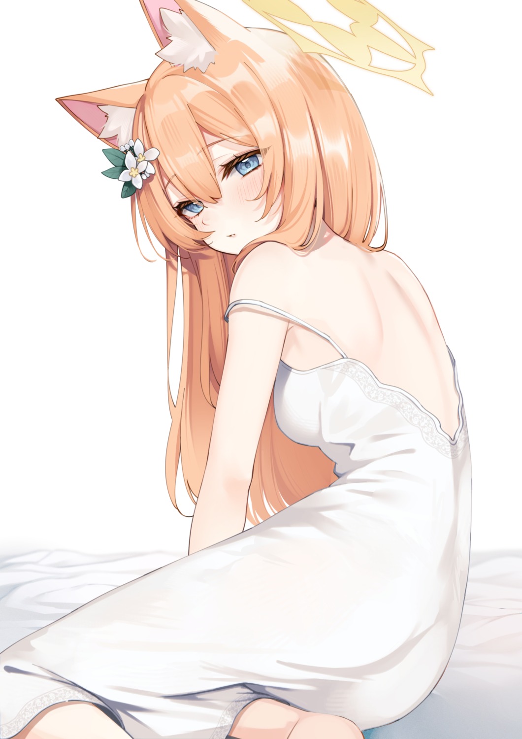 animal_ears ass blue_archive dress halo iochi_mari nekomimi no_bra sasakichi