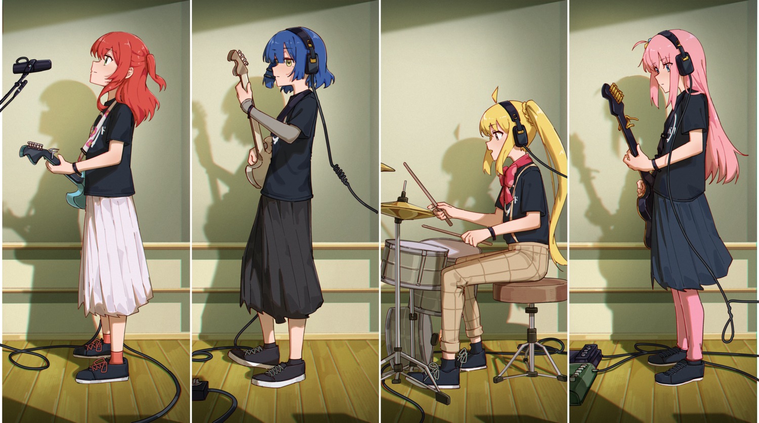 bocchi_the_rock! gotou_hitori guitar gym_uniform headphones ijichi_nijika jl_tan kita_ikuyo seifuku uniform yamada_ryou