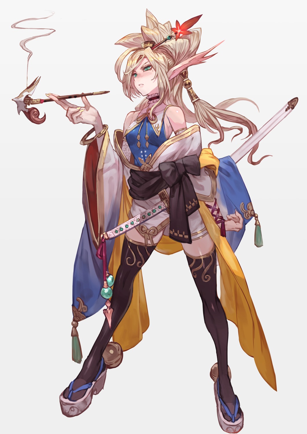 japanese_clothes lack smoking sword thighhighs