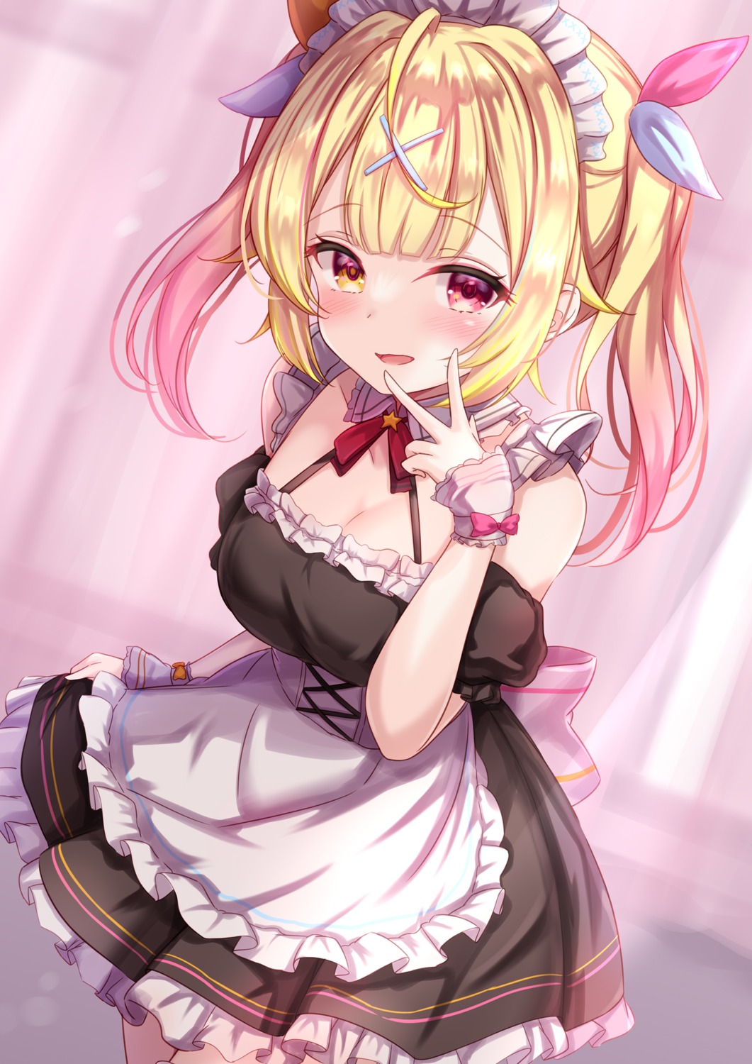 cleavage heterochromia hoshikawa_sara maid nijisanji skirt_lift yuano