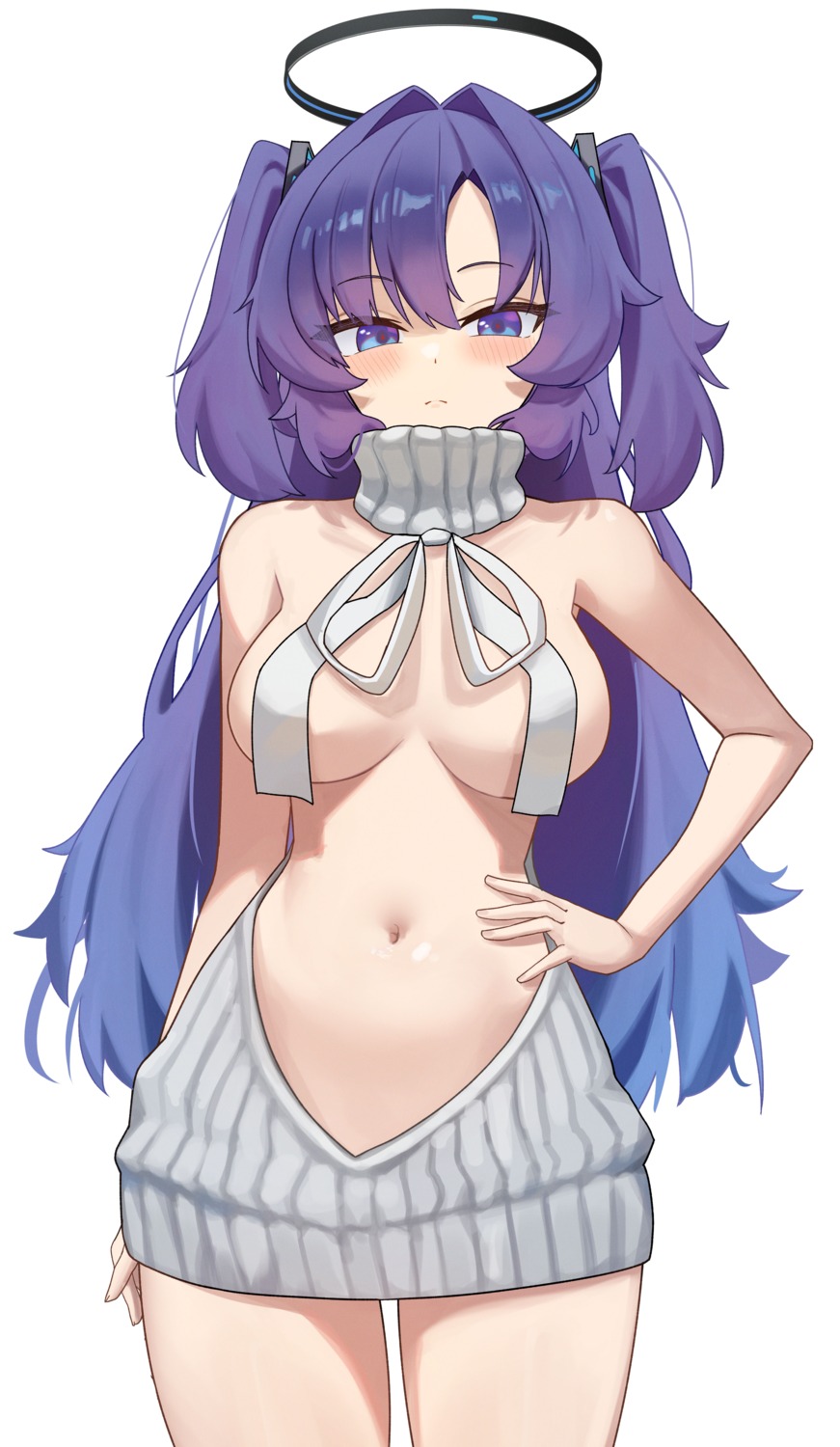 blue_archive breasts dress halo hayase_yuuka mcbox no_bra sweater