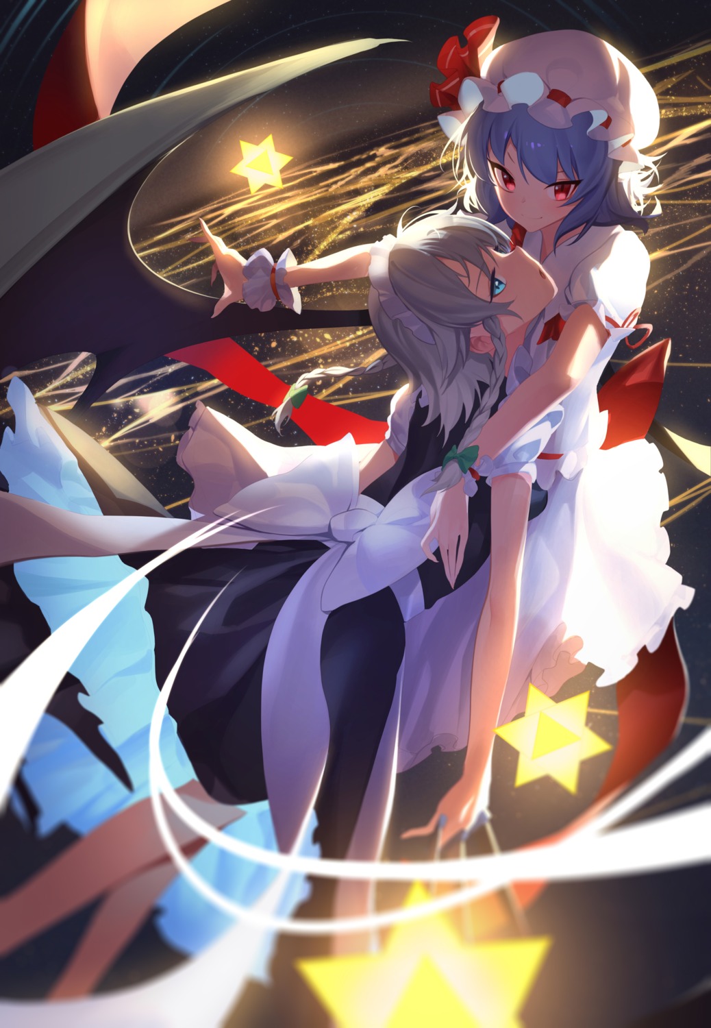 dress izayoi_sakuya maid remilia_scarlet sb_lama skirt_lift touhou weapon wings yuri