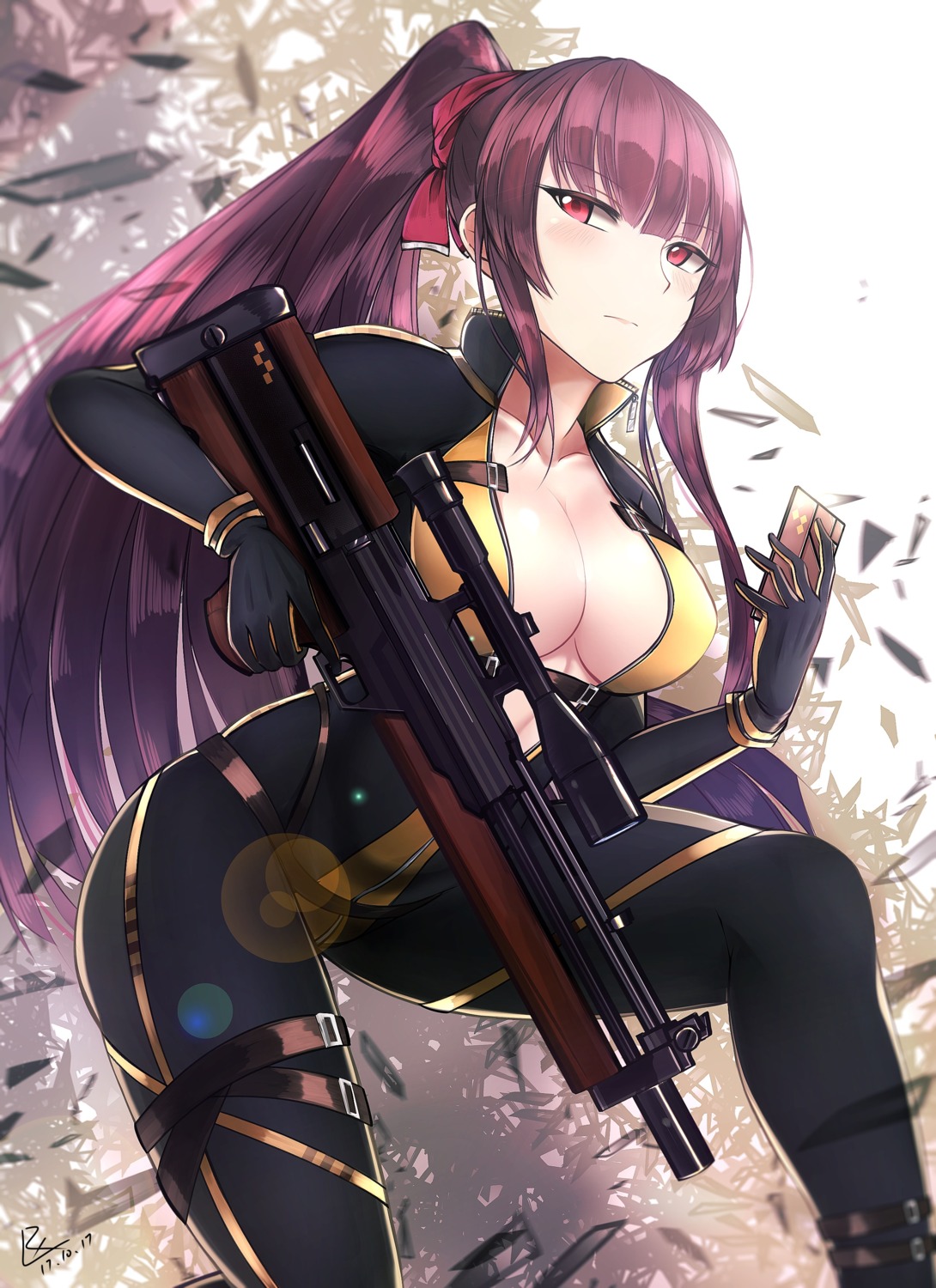 bodysuit cleavage girls_frontline gun no_bra open_shirt wa2000_(girls_frontline) zhishi_ge_fangzhang