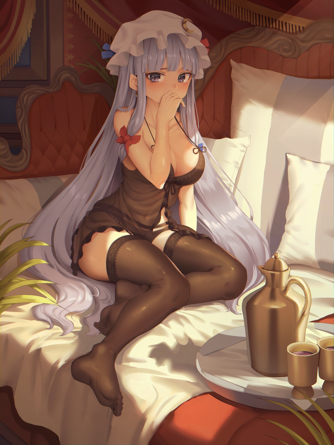 cleavage feet garter_belt goback lingerie pantsu patchouli_knowledge see_through stockings thighhighs touhou