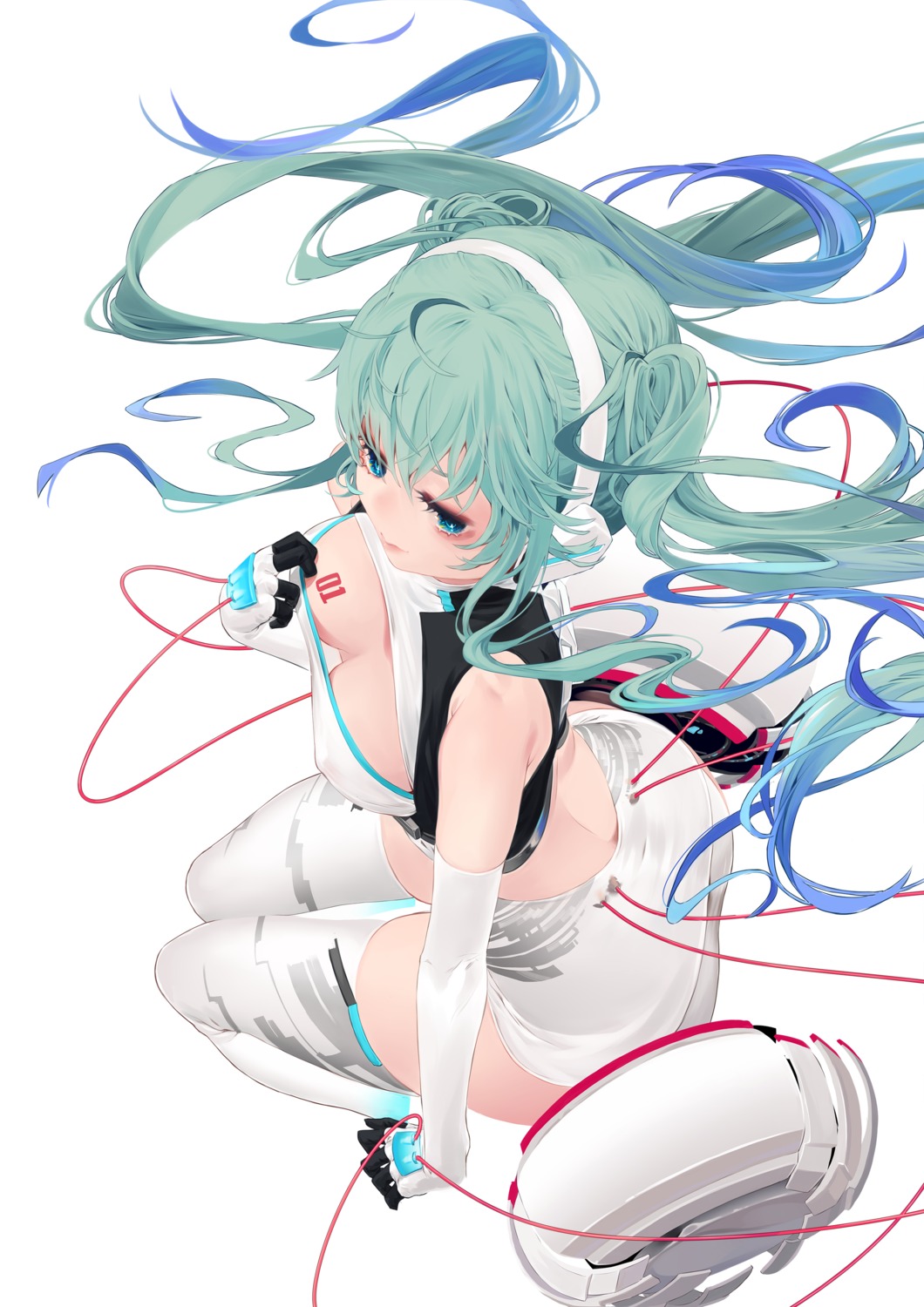 ass breast_hold cleavage erect_nipples goodsmile_racing hatsune_miku headphones no_bra oohhya racing_miku tattoo thighhighs vocaloid