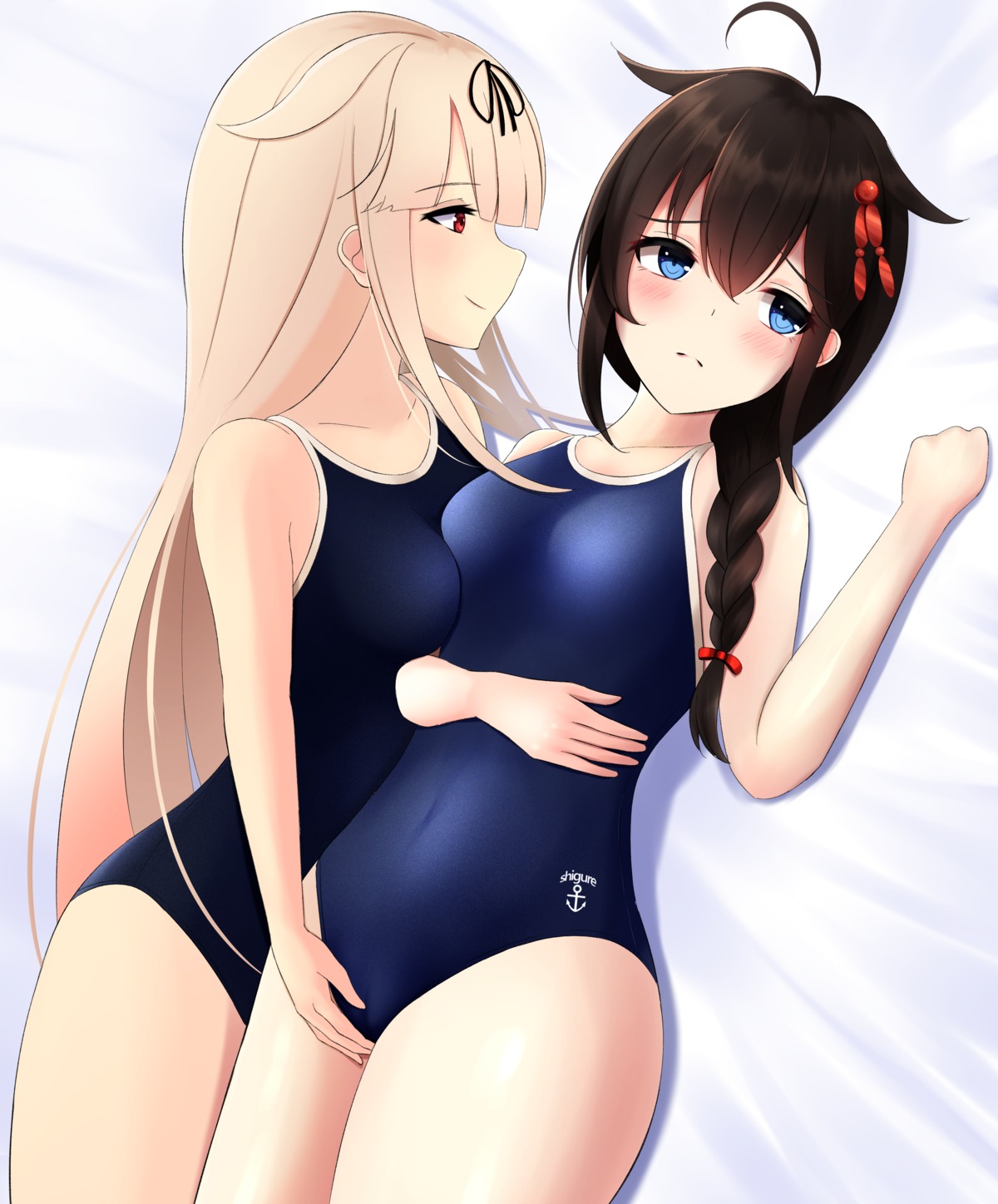 cameltoe fingering kantai_collection nokonoko school_swimsuit shigure_(kancolle) swimsuits yuri yuudachi_(kancolle)