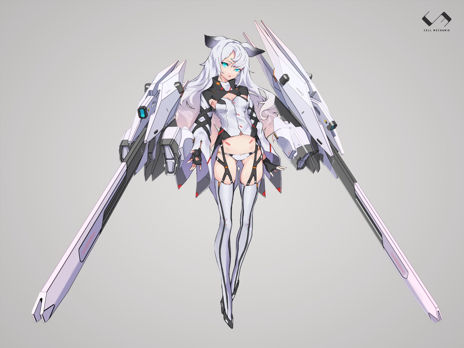 animal_ears cancell cleavage mecha_musume pantsu stockings thighhighs weapon