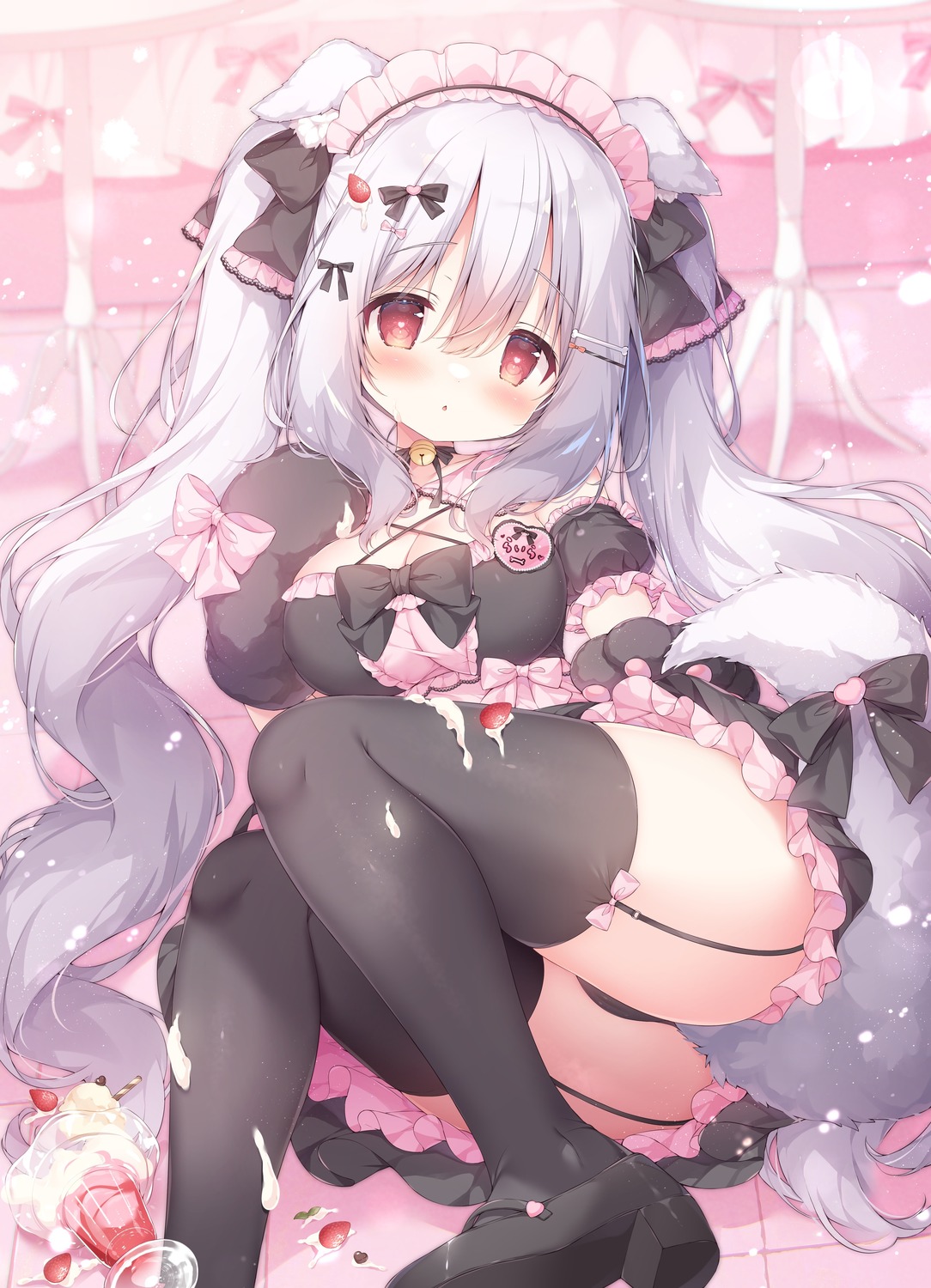 animal_ears cameltoe cream detexted maid momozu_komamochi pantsu skirt_lift stockings tail thighhighs thong