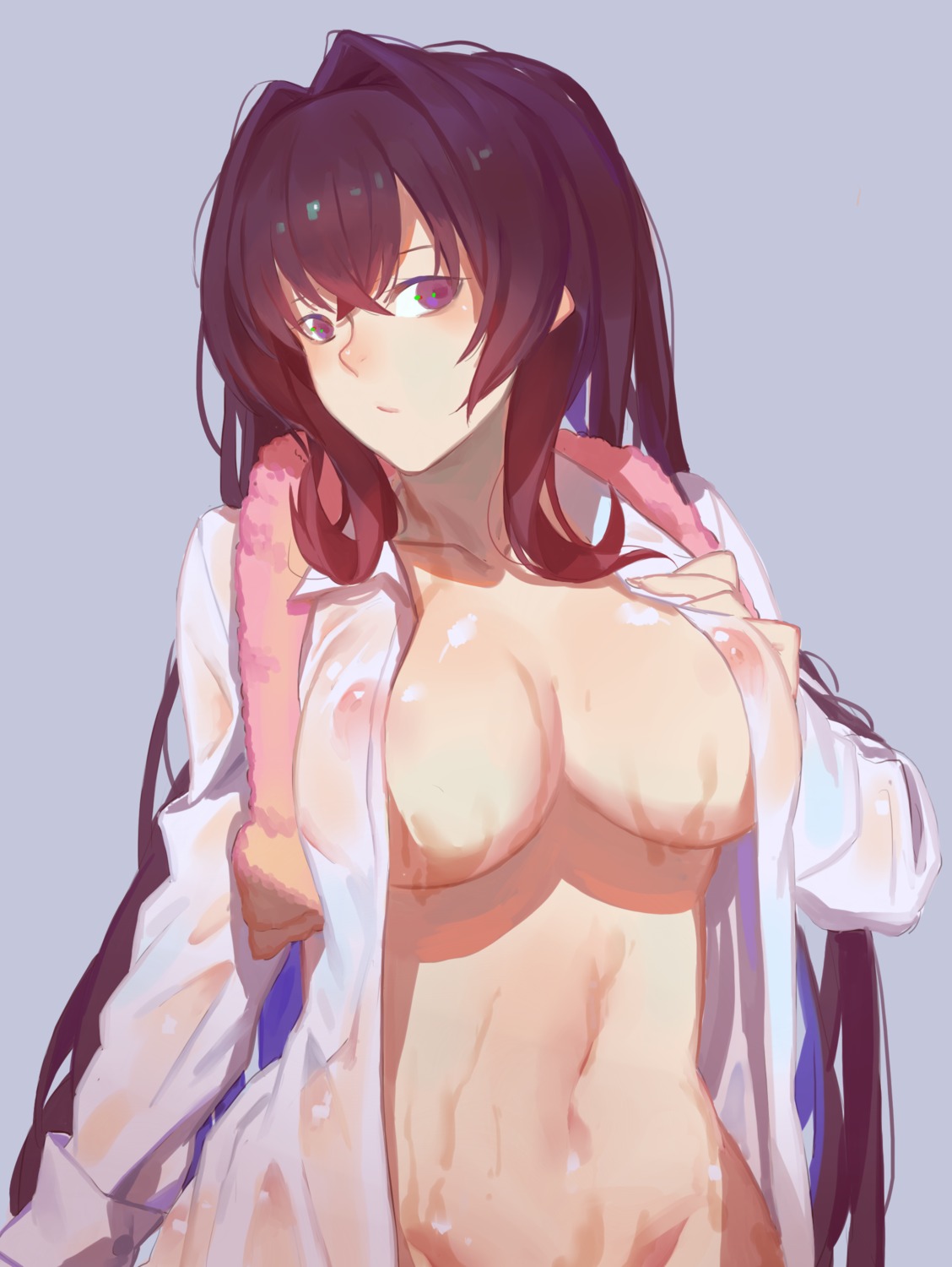 bottomless cleavage dress_shirt erect_nipples no_bra open_shirt red_cucumber see_through wet wet_clothes