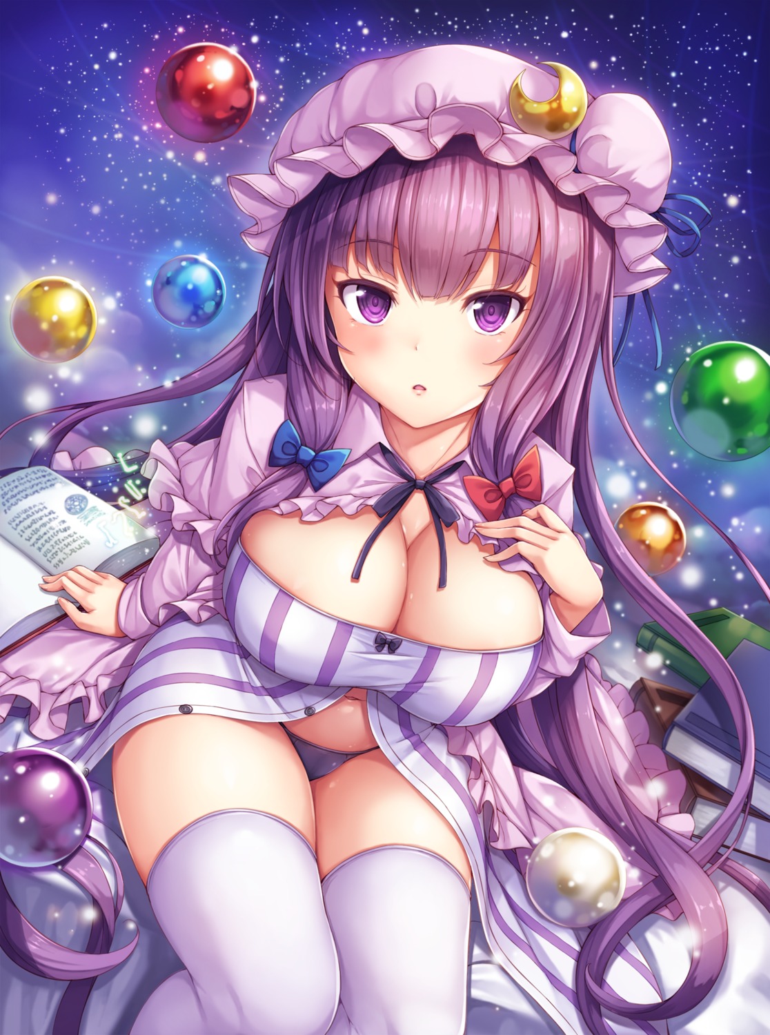 cleavage dress open_shirt pantsu patchouli_knowledge snowcanvas thighhighs touhou