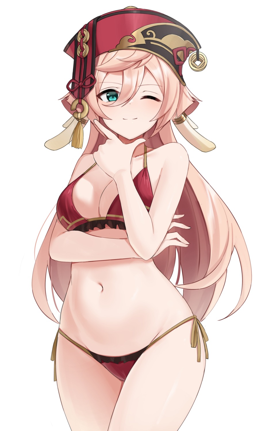 bikini breast_hold genshin_impact horns shengtian swimsuits yanfei