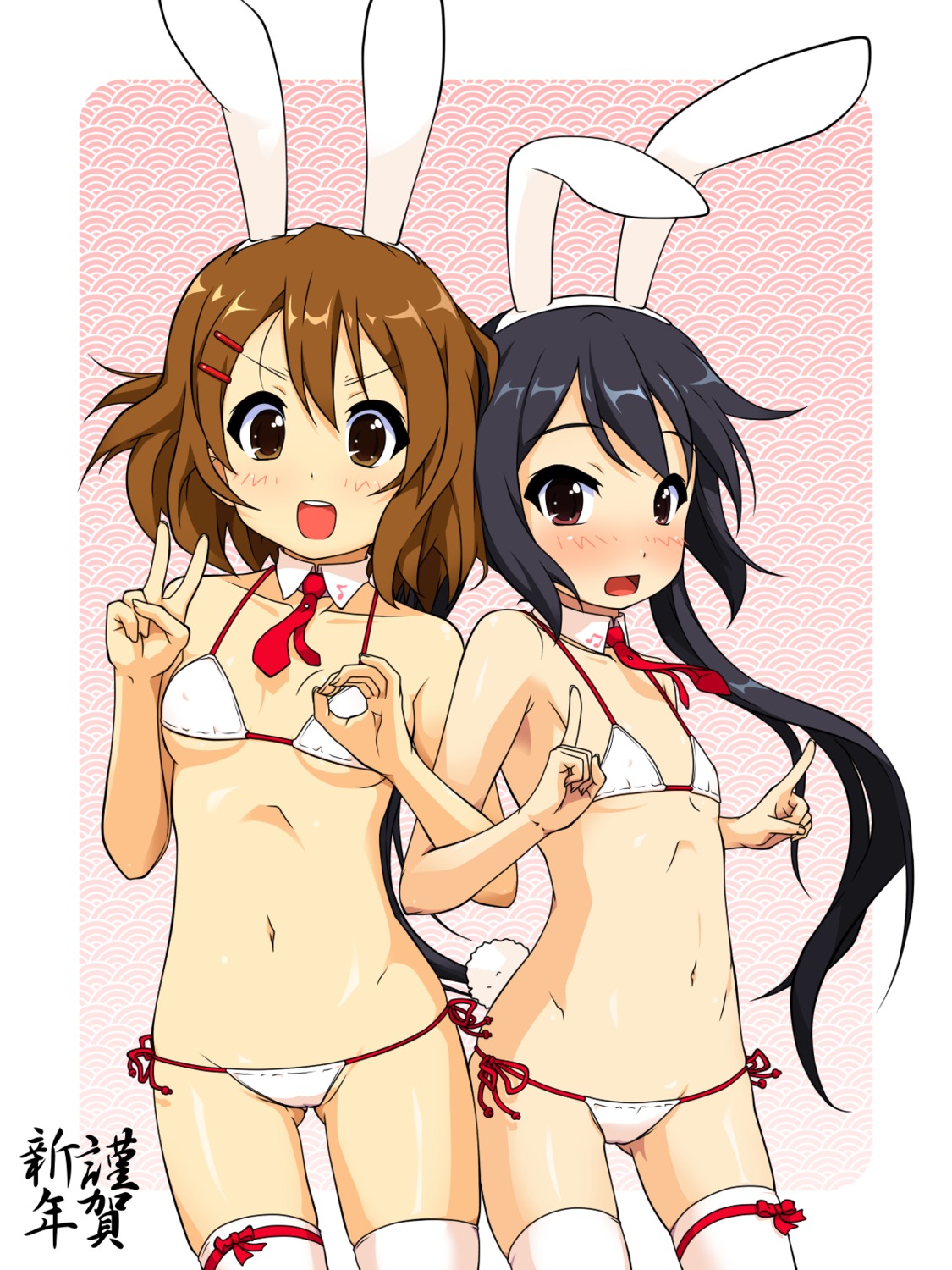 animal_ears bikini bunny_ears erect_nipples hirasawa_yui k-on! k10k loli nakano_azusa swimsuits thighhighs